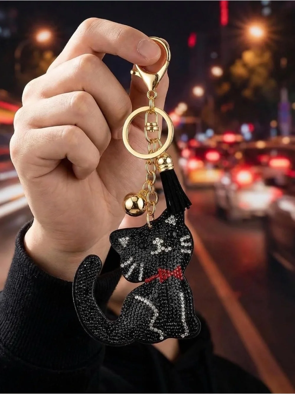 Chic Cat Crystal Keychain Charm - Black